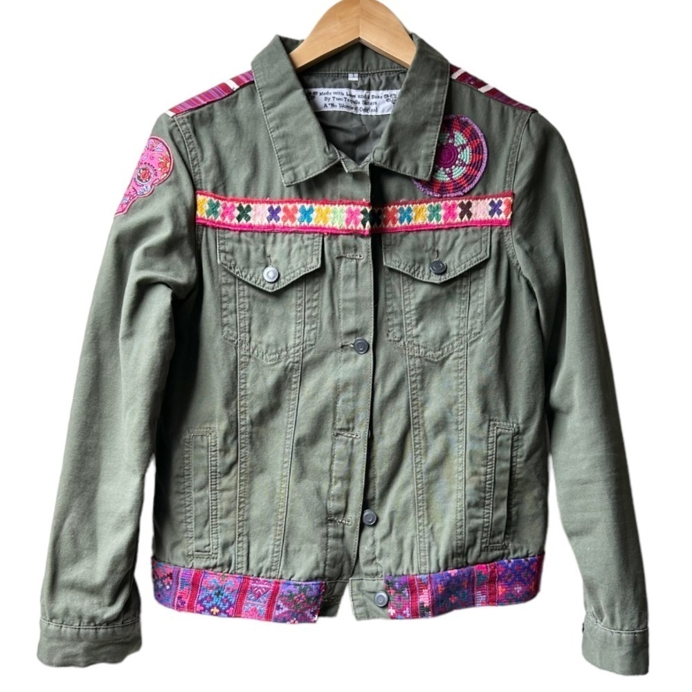 Two Tequila Sisters Custom Made Green Pink Denim Jacket Sz Small - Picture 2 of 13